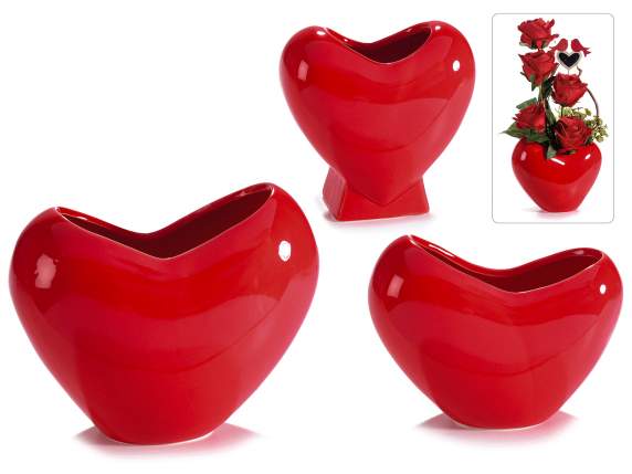 Lot de 3 vases en forme de coeur en céramique rouge brillant