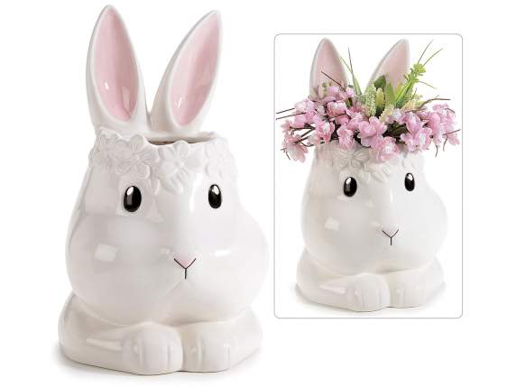 Vase lapin en céramique brillante avec fleurs en relief