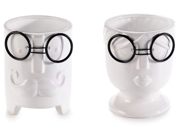 Set aus 2 weißen Keramikvasen Gesicht mit Brille