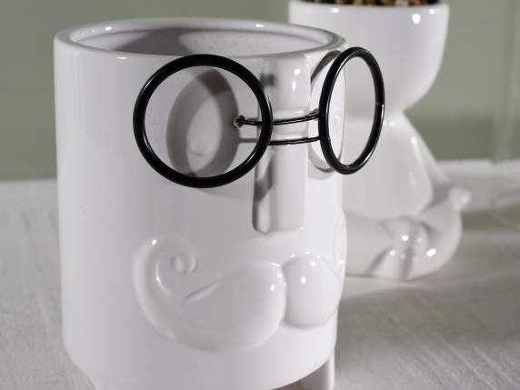 Set of 2 white ceramic vases Face with glasses