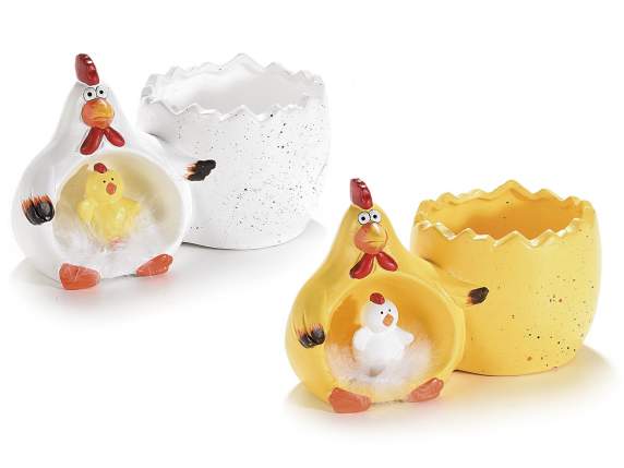 Vasetto a uovo in ceramica con gallina e pulcino
