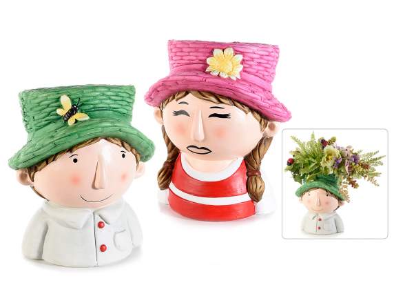 Vaso in ceramica colorata con volto di bambino/a e cappello