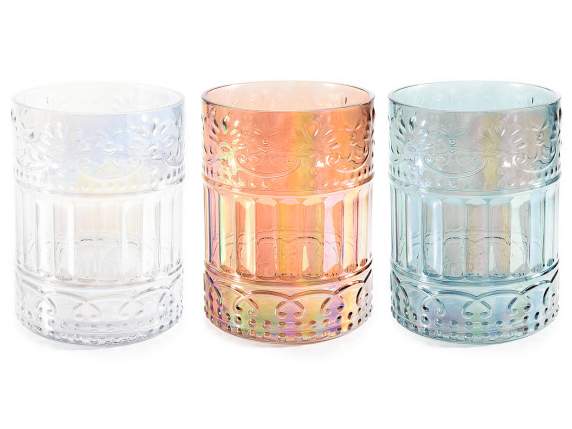 Vaso in vetro effetto iridescente con decori in rilievo