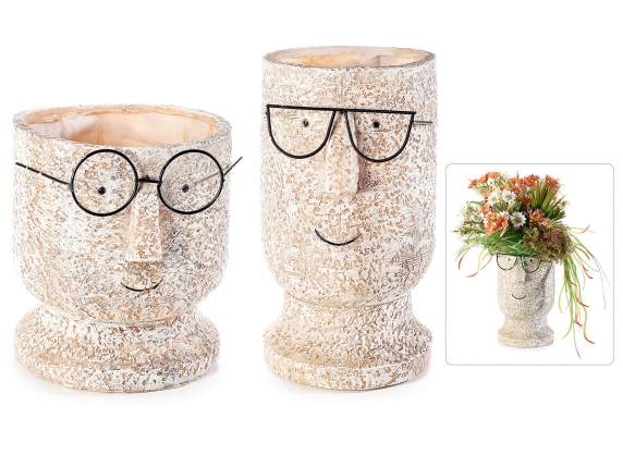 Vaso portafiori in resina a forma di viso con occhiali