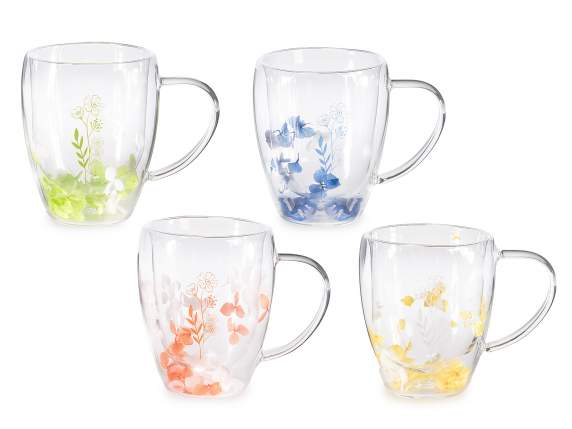 Taza de cristal de 300 ml con doble fondo y pétalos de color