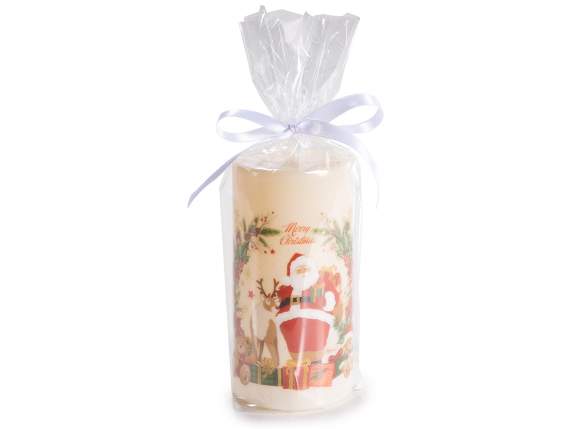 Vela con decoración navideña y texto Feliz Navidad