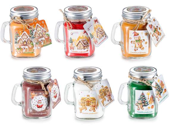 Vela perfumada en tarro de cristal con asa y tapa.