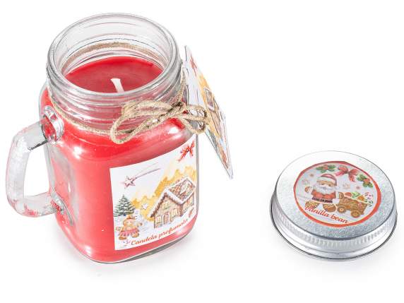 Vela perfumada en tarro de cristal con asa y tapa.