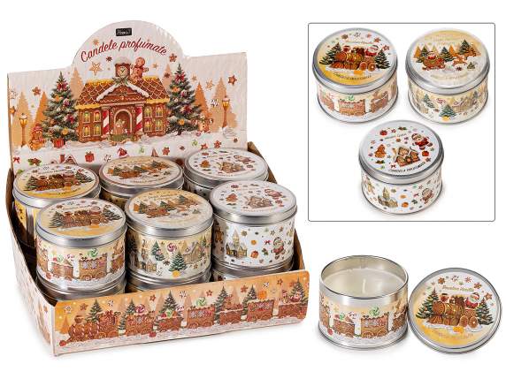 Vela aromática en una caja metálica con decoración de pan de