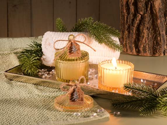 Vela perfumada tarro de vidrio con etiqueta y colgante árbol