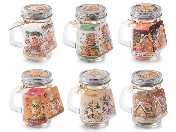 Vela perfumada en tarro de cristal con asa y tapa.