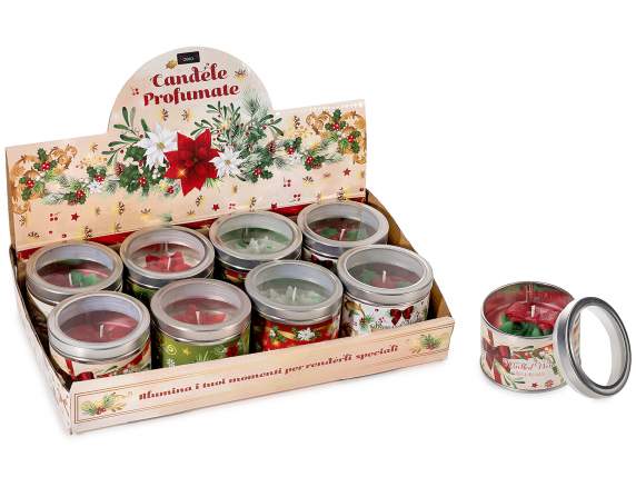Vela aromática con decoraciones en relieve en una caja metál