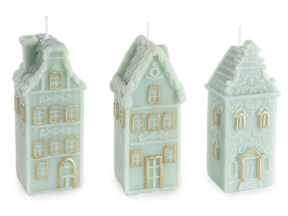 Vela forma casa, decoraciones en relieve y detalles dorados