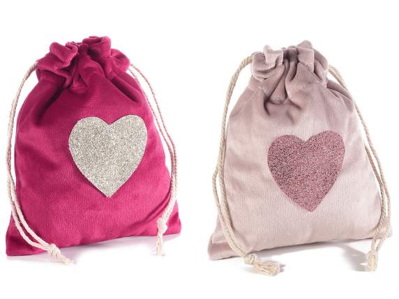 Velvet pouch with glittery heart detail and tie rod