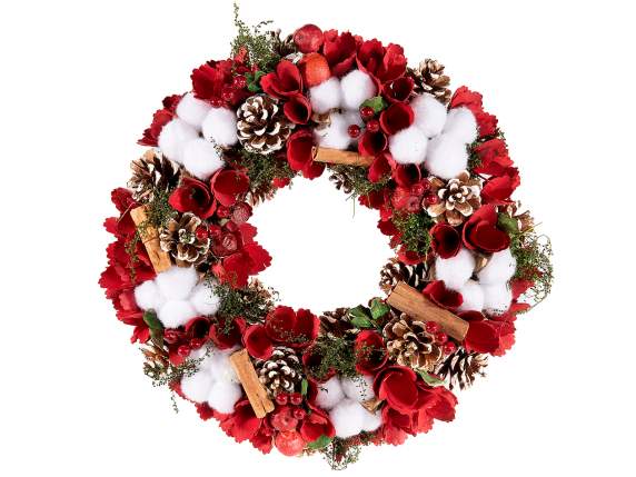 Guirnalda piñas nevadas madera roja y flores de algodón