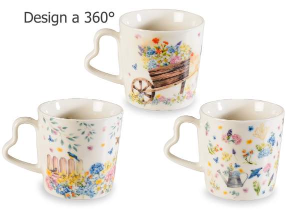 Taza de porcelana floral de 350 ml con asa en forma de coraz