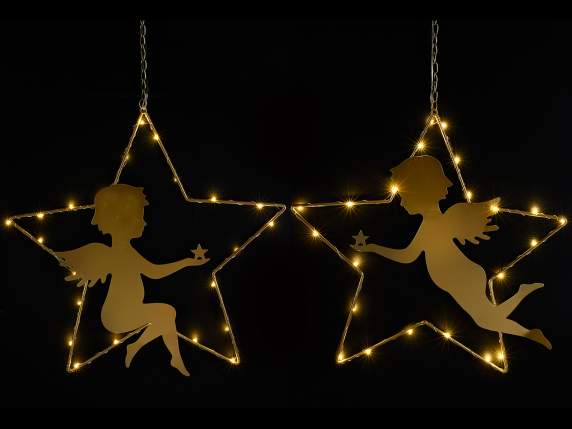 Estrella con ángel en metal dorado y luces LED para colgar