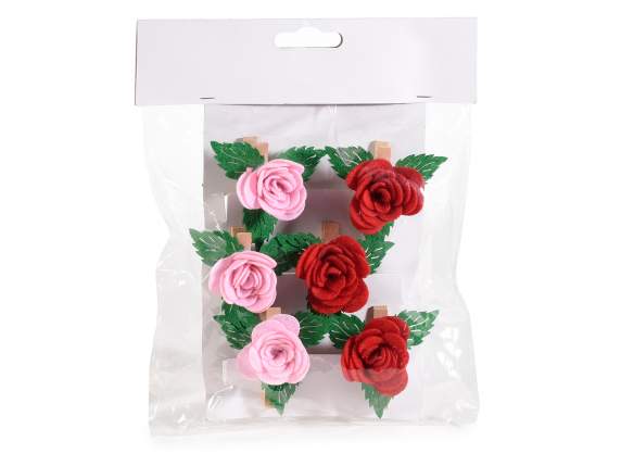 Pack de 6 pinzas de tela con rosa y hojas