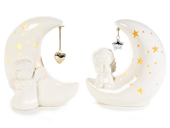 Ange en céramique sur lune avec pendentif métallique et LED