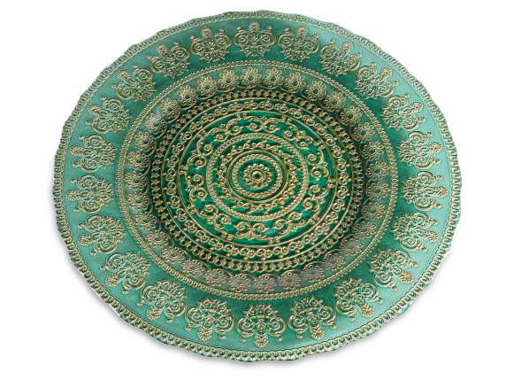 Assiette ronde en verre comestible vert à décors dorés