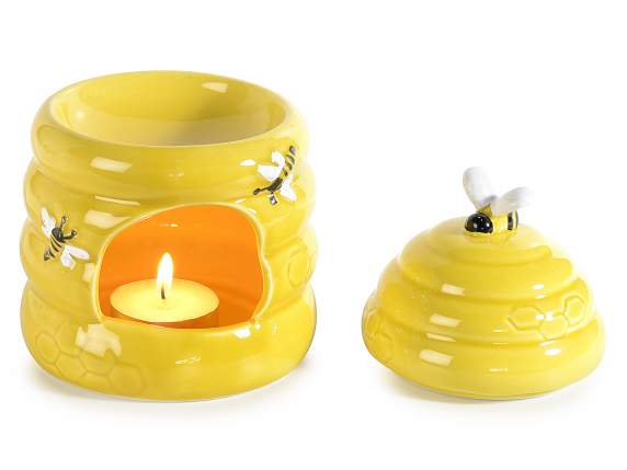 Brûle essence en porcelaine en forme de ruche avec abeilles