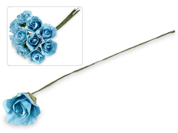 Rose artificielle en papier bleu avec tige malléable
