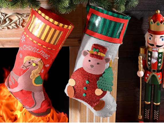 Chaussette de bonbons en tissu avec décorations de Noël