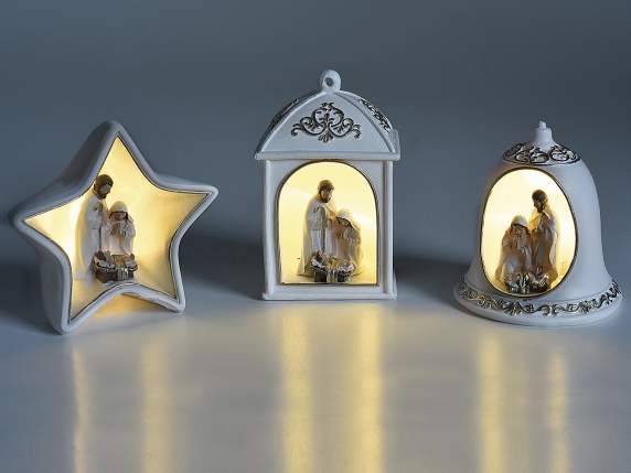 Crèche de Noël en résine blanche et détails dorés et lumière
