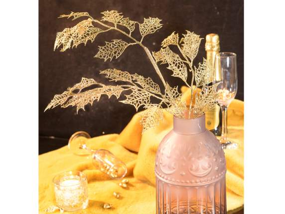Branche de houx artificielle à paillettes dorées