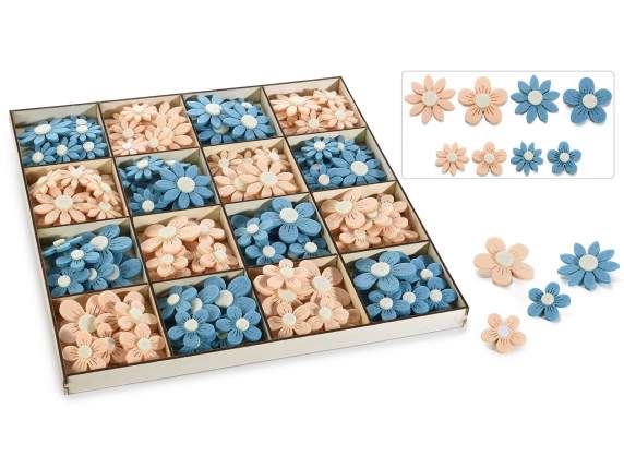 Présentoir de 144 petites fleurs en tissu coloré avec ruban