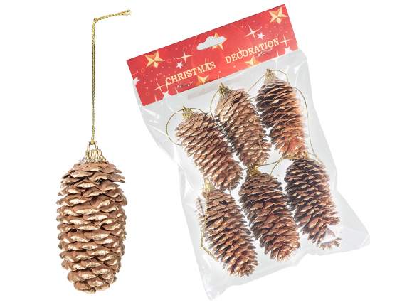 Pack de 6 pommes de pin dorées à suspendre