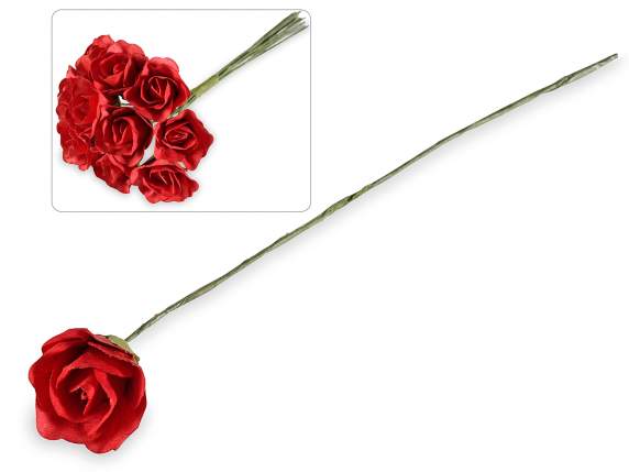 Rose artificielle en papier rouge avec tige malléable