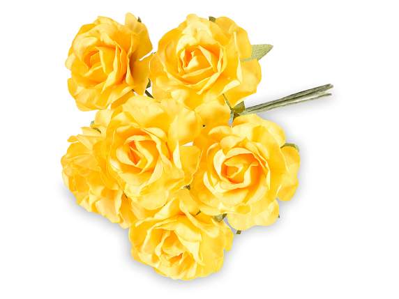 Rose artificielle en papier jaune avec tige malléable