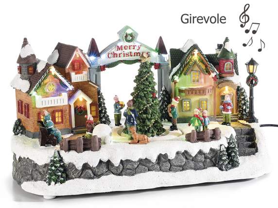 Village en résine avec arbre rotatif, LED et musique