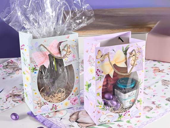 Bolsa de papel con forma de conejito con asas, ventana y eti