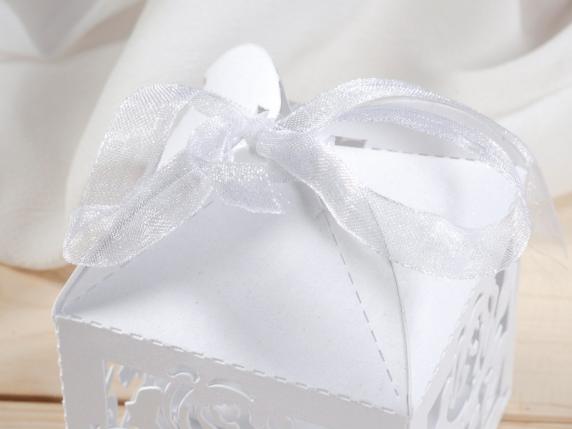 White glitter paper favor box, flower carvings