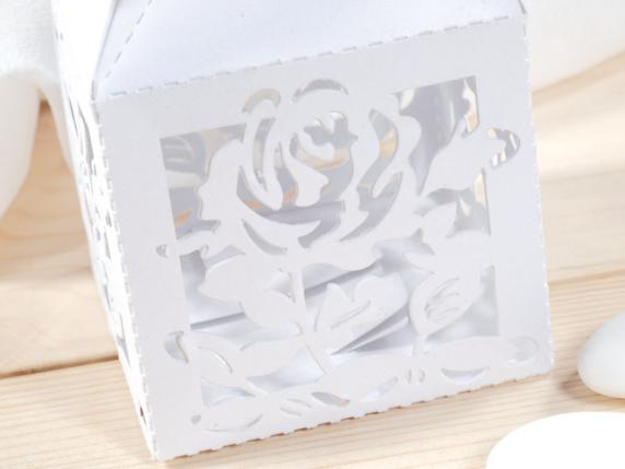 White glitter paper favor box, flower carvings