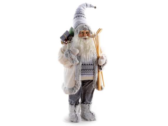 Santa Claus w - white suit, eco-fur details, gifts and skis