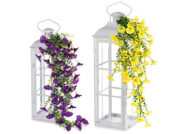 Set of 2 white metal lanterns and a drooping branch of bells