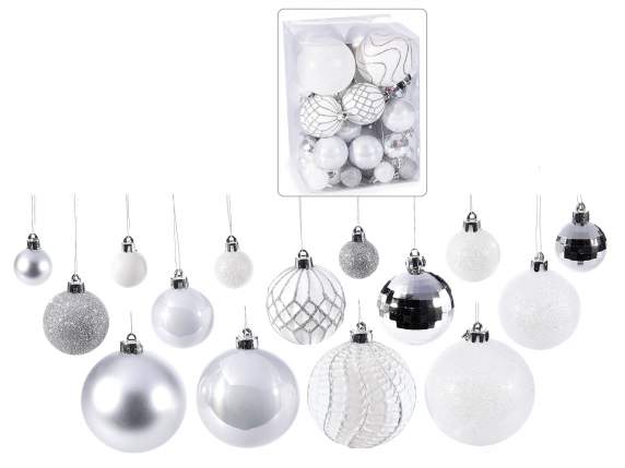 Box of 50 plastic balls in assorted sizes to hang