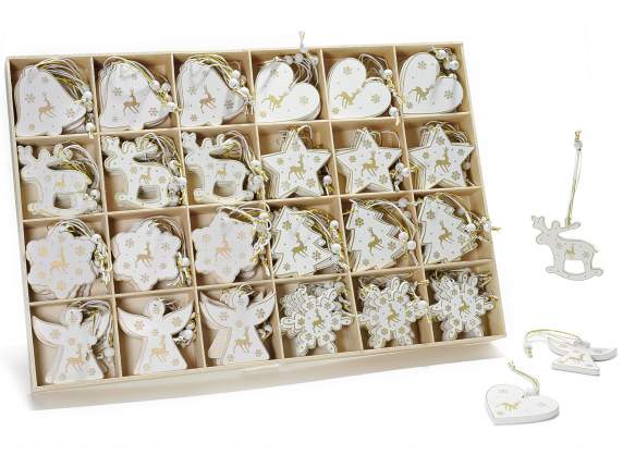 Display 144 decorations in white wood with gold print to han