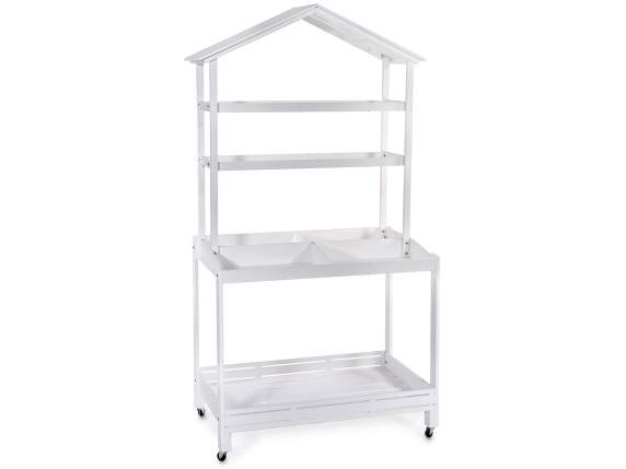 White wooden cabinet on wheels with 4 shelves