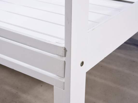 White wooden cabinet on wheels with 4 shelves