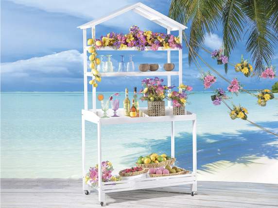 White wooden cabinet on wheels with 4 shelves