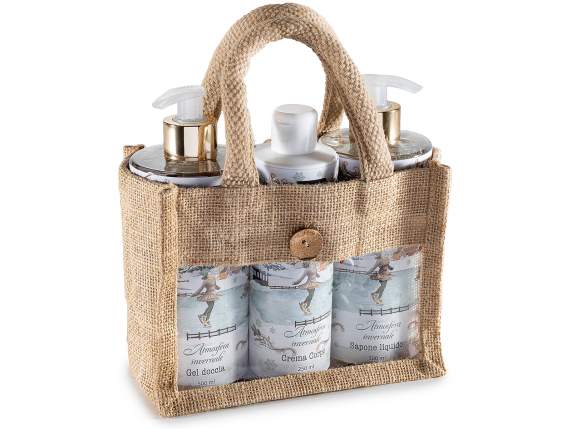 Set of liquid soap, body cream, and shower gel with a Christ
