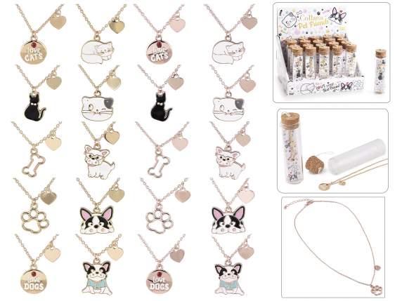 Metal necklace pendant dog cat in glass test tube