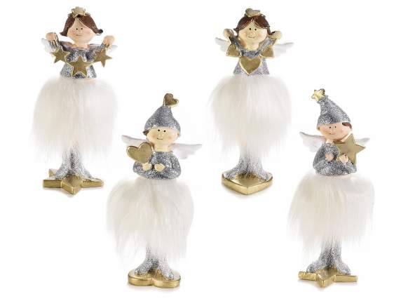 Resin angel to stand, eco-fur skirt and golden decorations