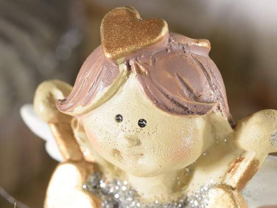 Resin angel to stand, eco-fur skirt and golden decorations