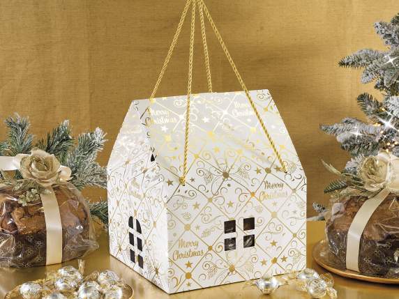 Christmas house-shaped cardboard box with handles and window