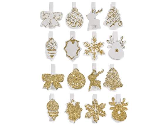 Display 48 white wooden clothes pegs with gold glitter